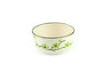 Empty beige ceramic bowl with brown rim and green flora pattern isolated on a white background. Royalty Free Stock Photo