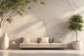 Empty beige marble interior with sofa, plants