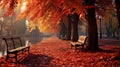 empty bench in autumn leaf generated by AI tool