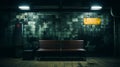 an empty bench in a dark subway station