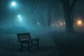 An empty bench in a foggy park at night Royalty Free Stock Photo