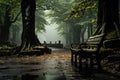 Empty Bench in forest after raining. Generative AI Royalty Free Stock Photo