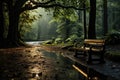 Empty Bench in forest after raining. Generative AI Royalty Free Stock Photo