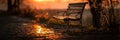 Empty Bench Illuminated by Sunset Light Evokes Bittersweet Emotions in a Tranquil Outdoor Setting Royalty Free Stock Photo