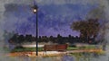 Empty bench in night autumn park watercolor sketch Royalty Free Stock Photo