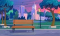 Empty bench in the park on a summer sunset with a beautiful view of a city Royalty Free Stock Photo