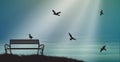 Empty bench with seagulls and sun rays, shadows, memories, sea sweet dreams,