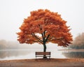 an empty bench sits in front of an orange tree on a foggy lake