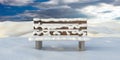 Empty bench snow covered in winter landscape, blue cloudy sky. 3d illustration Royalty Free Stock Photo