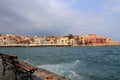 Empty bench old harbor in Chania after stormy weather