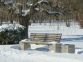 Empty bench on the street outside in the park in winter. Urban background. Rest and relaxation Royalty Free Stock Photo