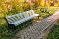 Empty bench on the street outside in the summer park. Urban background. Rest and relaxation Royalty Free Stock Photo