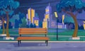 An empty bench on a summer night in a park with a lake and a city view Royalty Free Stock Photo