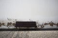 Empty bench and a white wall