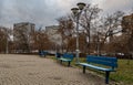 empty benches in the city autumn square