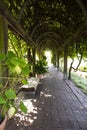 Empty benches in garden tunnel and shaped pergola Royalty Free Stock Photo