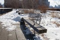 Empty Benches at The High Line with Snow during Winter in Chelsea of New York City Royalty Free Stock Photo