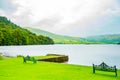 Empty benches on the shore of lake ullswater with beautiful view