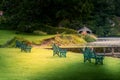 Empty benches on the shore of lake ullswater with beautiful view of the lake