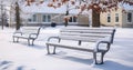 Empty Benches in a Snow-Covered Park, Nestled Among Neighborhood Homes in a Scenic Landscape