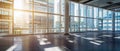 Empty big office space, large windows with a view of skyscrapers, modern office buildings in a big city.