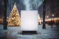 Empty billboard on the building. Blank mock-up of an outdoor. crowd moving blur. Generative AI