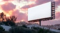Empty Billboard on Highway at Sunset. Billboard Mockup with Customizable Blank White Space. Royalty Free Stock Photo
