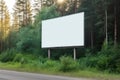 Empty billboard. Layout. Empty banner in the forest. Outdoor billboard mockup, outdoor advertising poster against the