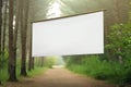 Empty billboard. Layout. Empty banner in the forest. Outdoor billboard mockup, outdoor advertising poster against the