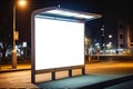 Empty billboard mockup on bus stop at roadside in city. Outdoor blank advertising space in light box at bus stop in