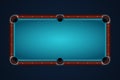 Empty billiard table top view. Surface covered with blue felt and black hole gambling.