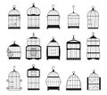 Empty bird cage silhouettes. Cute bird house for different types of birds, decorative metal cage for domestic canary Royalty Free Stock Photo