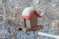 Empty bird feeder with no food inside and covered with snow. Concept, help for small city birds to survive during winter season Royalty Free Stock Photo