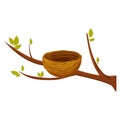 Empty bird nest from twigs on tree branch with leaves isolated on white background. Spring time, vector clipart, brown wooden Royalty Free Stock Photo