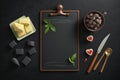 Black chalk board in brown frame with holder with mint for any text, Generative AI Royalty Free Stock Photo