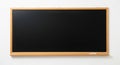 Empty Black Chalkboard with Wooden Frame and Chalk Piece on White Wall blackboard blank Royalty Free Stock Photo