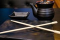 Empty black clear set for sushi,plate with Japanese chopstick,saucer on the black table Royalty Free Stock Photo