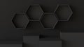 Empty black hexagons shelves and cube box podium on wall background. 3D rendering.