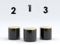 Empty black podium with gold on top with hanging number. 3D rendering.