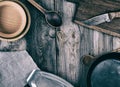 empty black round frying pan, plate and cutting board Royalty Free Stock Photo