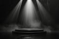 Empty Black Round Podium With Three Spotlights In Dark Smoke Background, 3D Rendering Royalty Free Stock Photo