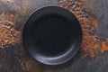 Empty black spotted plate on the table, top view. Food background