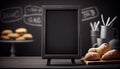 Empty blackboard on blurred bakery background, for text or graphics for food-related presentations, menus, or marketing