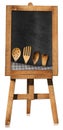 Empty Blackboard with Wooden Easel and Wooden Kitchen Utensils