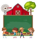 Empty blackboard with farmer kids and barn Royalty Free Stock Photo