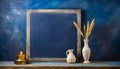 Empty blackboard with vase and dried flowers on dark blue background