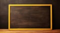 Empty blackboard with wooden frame on wooden table over yellow background created with Generative AI Royalty Free Stock Photo