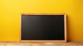 Empty blackboard with wooden frame on wooden table over yellow background created with Generative AI Royalty Free Stock Photo