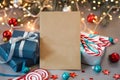 Empty blank, Christmas Gifts for Men. Blue Gift box, candy on Christmas background. Present for him. Mock up Royalty Free Stock Photo