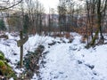 Empty blank direction sign at a snowy walking road path in a forest landscape scene